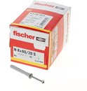 Fischer doos met 50 pluggen N 8x60/20 S. Naast de doos een plug met schroef.