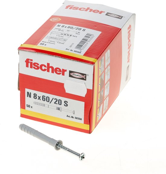 Fischer doos met 50 pluggen N 8x60/20 S. Naast de doos een plug met schroef.