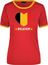 Belgium rood/geel ringer t-shirt Belgie vlag in hart - dames - landen shirt - Belgische fan / supporter kleding XL