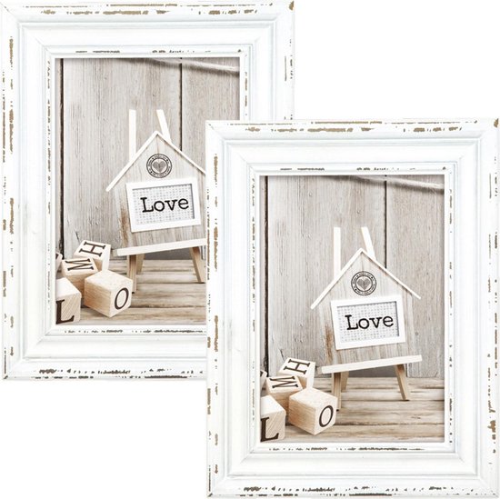 2x morceaux de cadre photo en bois blanc vintage avec chaîne de suspension en métal adapté pour une photo de 13 x 18 cm
