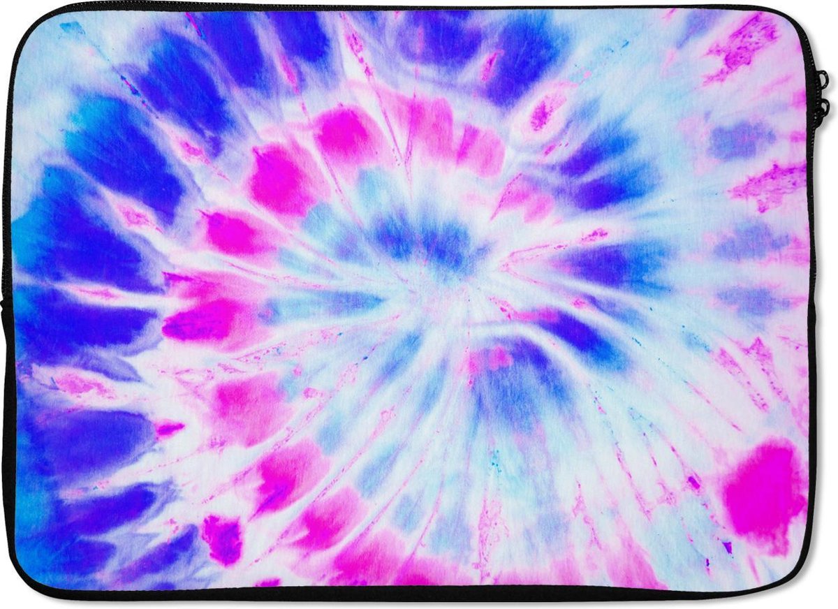 Laptophoes 14 inch - Zomer - Tie dye - Blauw - Laptop sleeve - Binnenmaat 33x23 cm - Zwarte achterkant