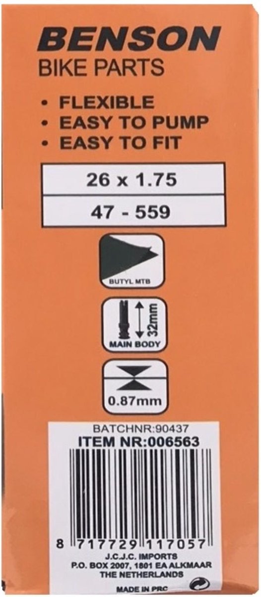 Benson Binnenband 26 x 1.75 - Butyl - Dunlop ventiel 40 mm - Zwart — afbeelding 2