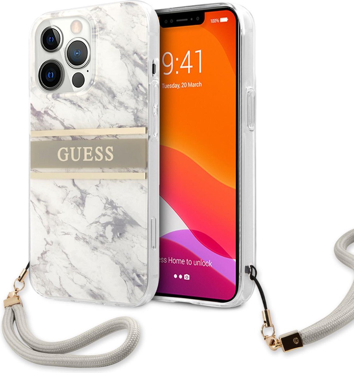 Grijs hoesje van Guess - Hardcase Backcover - iPhone 13 Pro Max - Met Riem - Marble