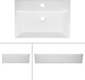 Lavabo en céramique blanche vu de dessus, de dessous et de côté, avec des trous pour robinet et évacuation.