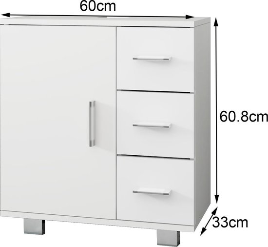 Wit badmeubel met 1 deur, 3 lades, met afmetingen 60x60,8x33 cm.