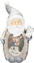 ECD Germany Figurine de Décoration de Père Noël avec éclairage LED 52 cm Blanc chaud avec bonnet et écharpe gris, aspect bois, alimenté par batterie, pour l'intérieur, Décoration de Noël LED Figurine de Noël Décoration de table de Noël