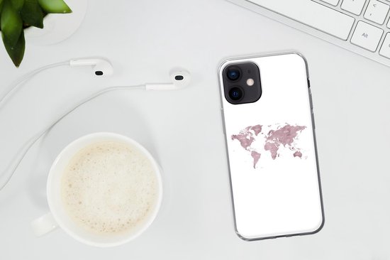 Telefoonhoesje Geschikt voor iPhone 12 hoesje - Wereldkaart - Roze - Wit - Siliconen Telefoonhoesje Telefoonhoesje