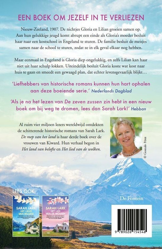 Achterkant van het boek "De roep van het land" met een portret van een vrouw en een samenvatting van het verhaal.