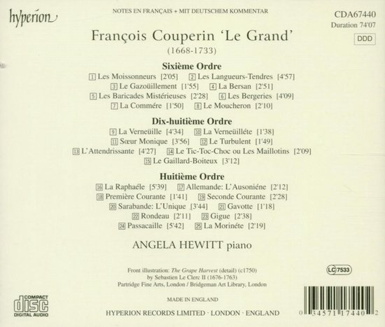 CD hoes met de titel 'François Couperin ‘Le Grand’ (1668-1733) Zesde Orde, Dix-huitièeme Orde, Huitième Orde', door Angela Hewitt piano.