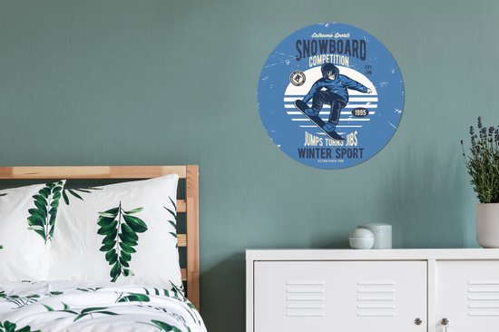 WallCircle - Stickers muraux - Cercle Papier Peint - Snowboard - Sports d'hiver - Rétro - 50x50 cm - Cercle Mural - Auto Adhésif - Autocollant Rond Papier Peint