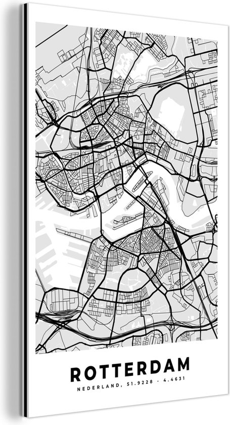 Wanddecoratie Metaal - Aluminium Schilderij Industrieel - Stadskaart - Rotterdam - Grijs - Wit - 60x90 cm - Dibond - Foto op aluminium - Industriële muurdecoratie - Voor de woonkamer/slaapkamer - Plattegrond