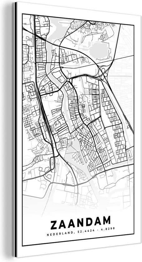 Décoration murale Métal - Peinture Aluminium Industriel - Carte - Zaandam - Zwart - Wit - 60x90 cm - Dibond - Photo sur aluminium - Décoration murale industrielle - Pour le salon/chambre