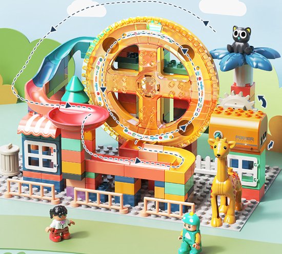 Thumbnail van een extra afbeelding van het spel Knikkerbaan 322 delig met Eektronische Motor en Bouwplaat- Zonstad - Mijn Eerste Knikkerbaan Creaties - Baanelementenset - Bouwblokken Voordeelverpakking - Bouwstenen compatibel met Duplo - Grote Bouwstenen