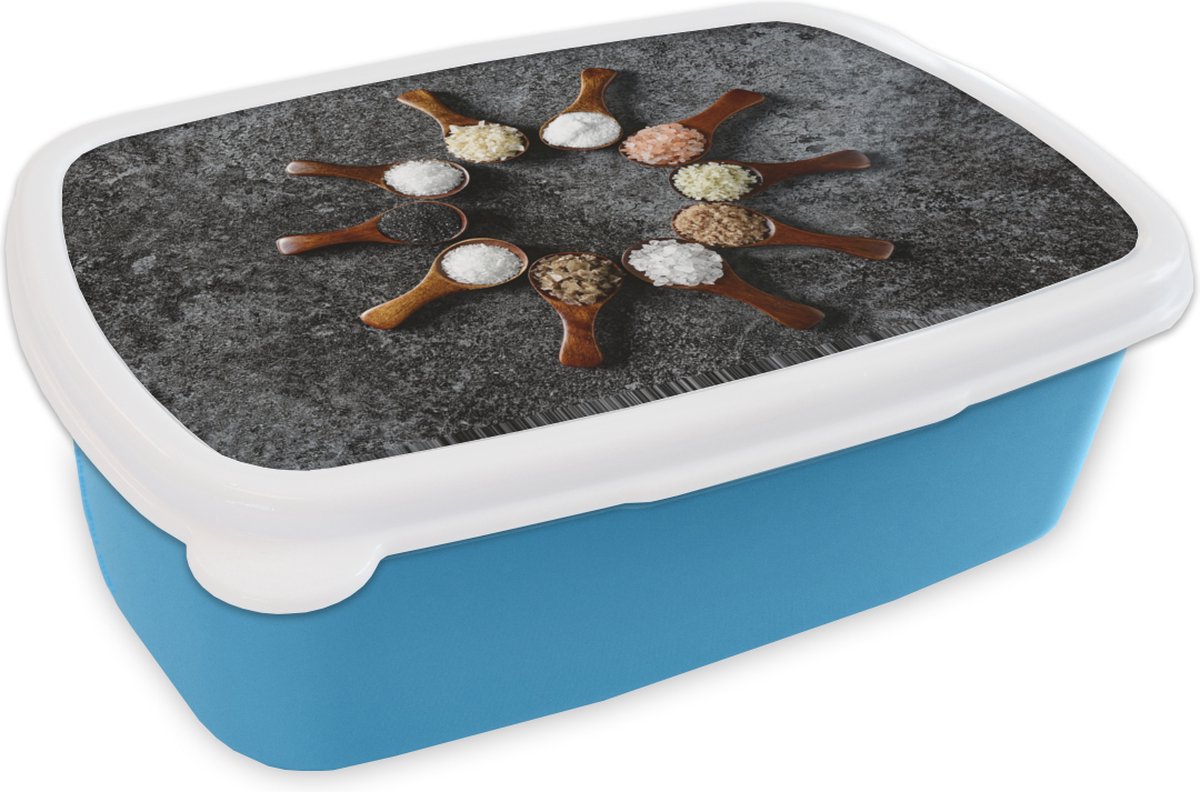 Broodtrommel Blauw - Lunchbox - Brooddoos - lepels met kruiden - 18x12x6 cm - Kinderen - Jongen