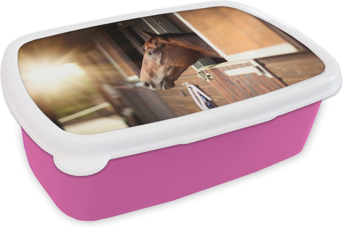 Broodtrommel Roze - Lunchbox - Brooddoos - Paard - Stal - Zon - 18x12x6 cm - Kinderen - Meisje
