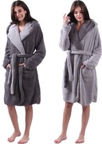JEMIDI Sherpa omkeerbare badjas lamsvacht look voor dames en heren met capuchon kamerjas huisjas Donkergrijs Maat S