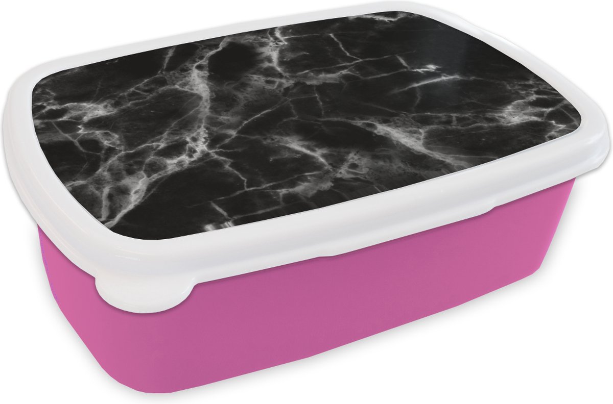 Broodtrommel Roze - Lunchbox - Brooddoos - Marmer - Kalk - Zwart - Wit - 18x12x6 cm - Kinderen - Meisje