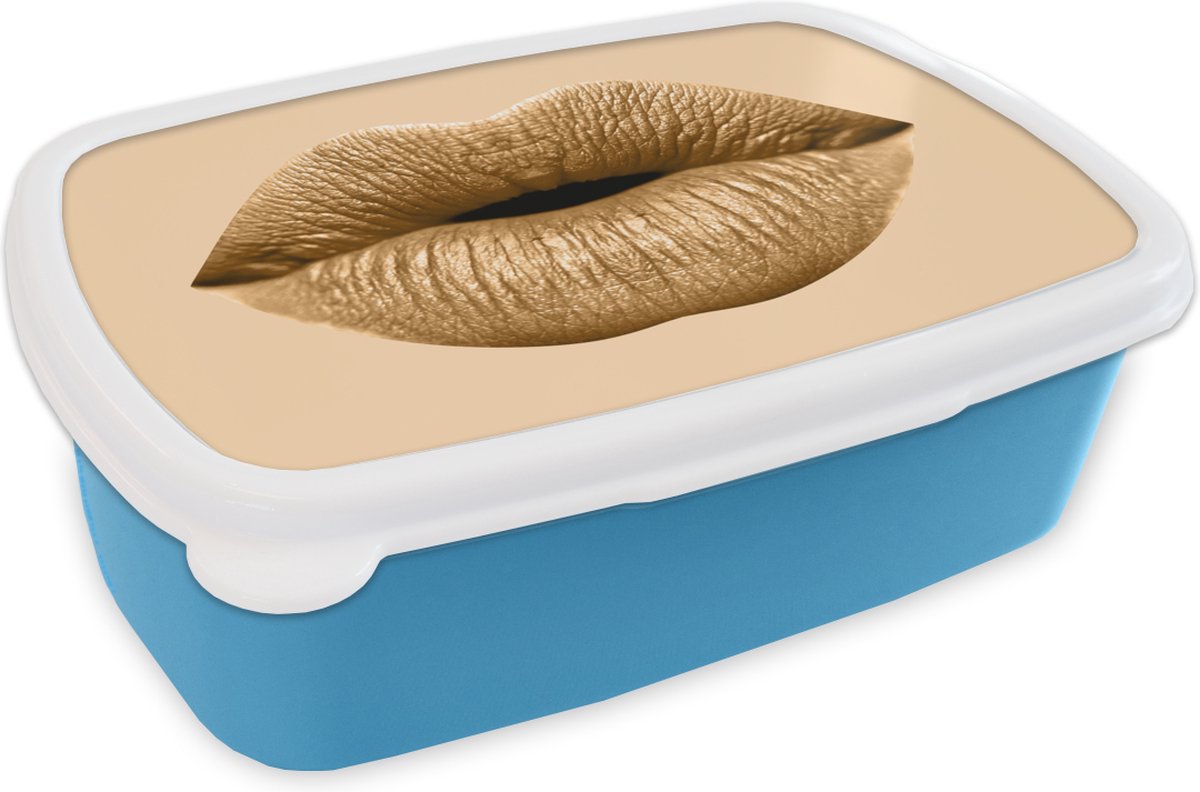 Broodtrommel Blauw - Lunchbox - Brooddoos - Lippen - Pastel - Bruin - 18x12x6 cm - Kinderen - Jongen