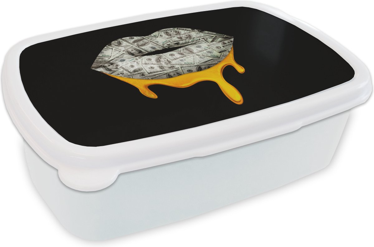 Broodtrommel Wit - Lunchbox - Brooddoos - Lippen - Geld - Zwart - Wit - 18x12x6 cm - Volwassenen