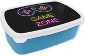 Broodtrommel Blauw - Lunchbox - Brooddoos - Controller - Game - Neon - Zwart - Quotes - Game zone - 18x12x6 cm - Kinderen - Jongen