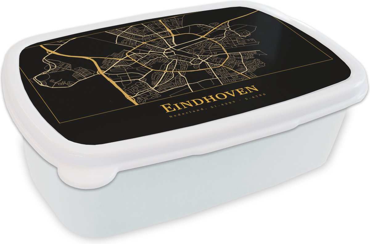 Broodtrommel Wit - Lunchbox - Brooddoos - Kaart - Eindhoven - Goud - Zwart - 18x12x6 cm - Volwassenen