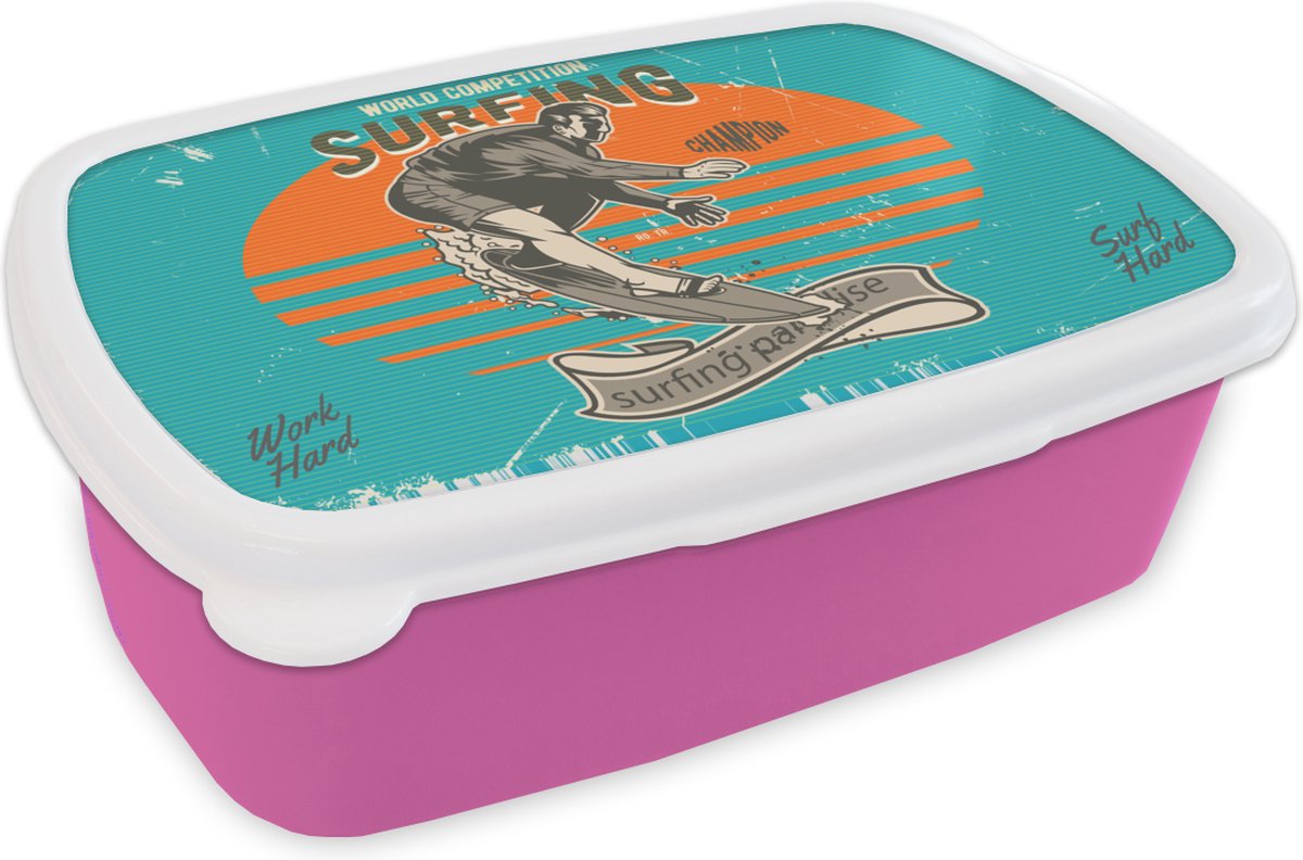 Broodtrommel Roze - Lunchbox - Brooddoos - Vintage - Surf - Surfplank - 18x12x6 cm - Kinderen - Meisje