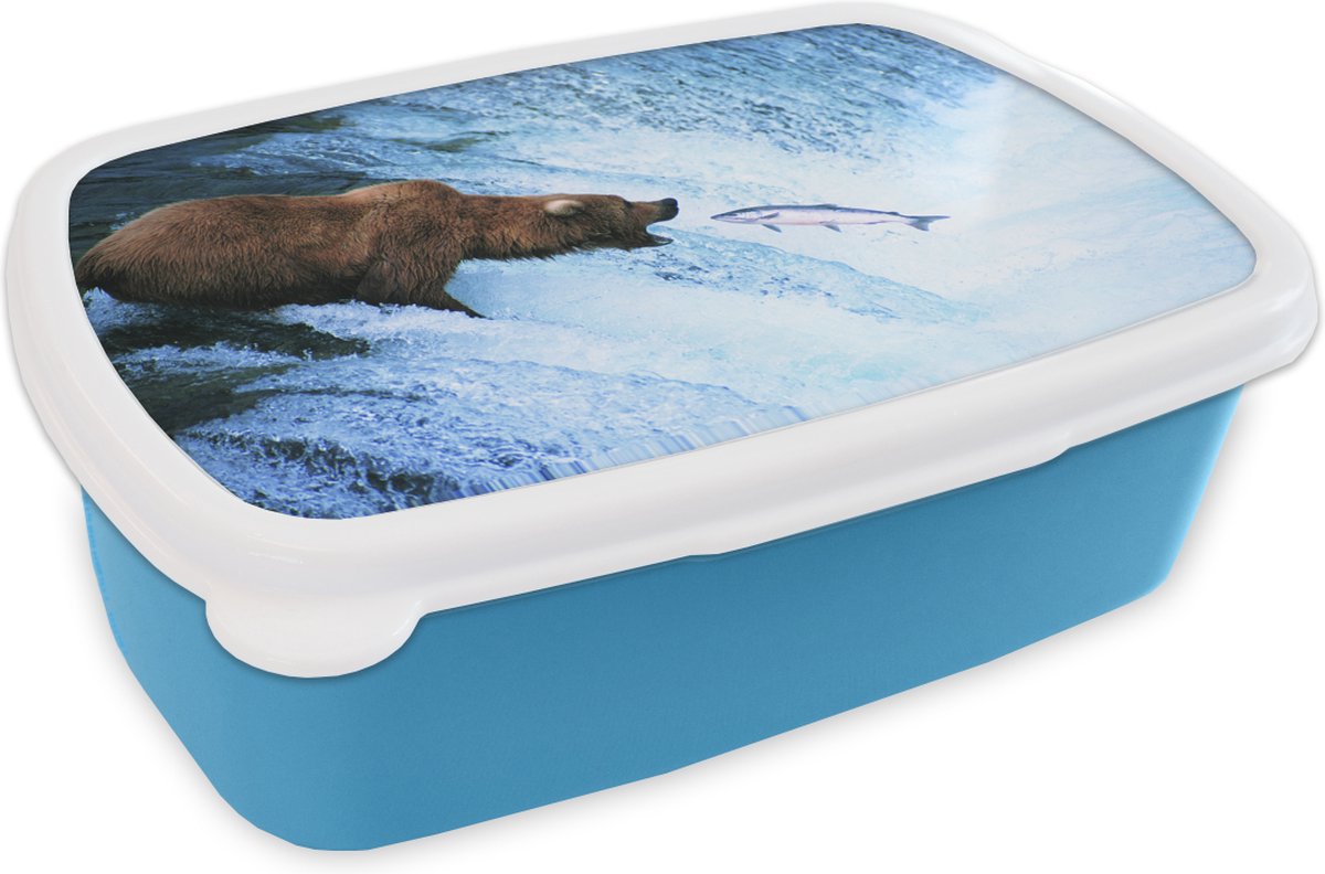 Broodtrommel Blauw - Lunchbox - Brooddoos - Beer - Vis - Waterval - 18x12x6 cm - Kinderen - Jongen