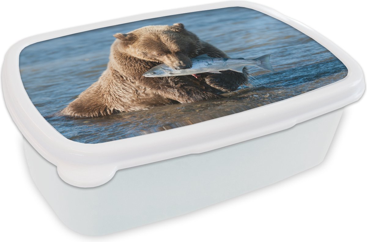 Broodtrommel Wit - Lunchbox - Brooddoos - Beer - Bruin - Vis - 18x12x6 cm - Volwassenen