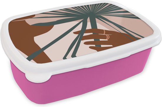 Broodtrommel Roze - Lunchbox - Brooddoos - Plant - Tropisch - Abstract - 18x12x6 cm - Kinderen - Meisje