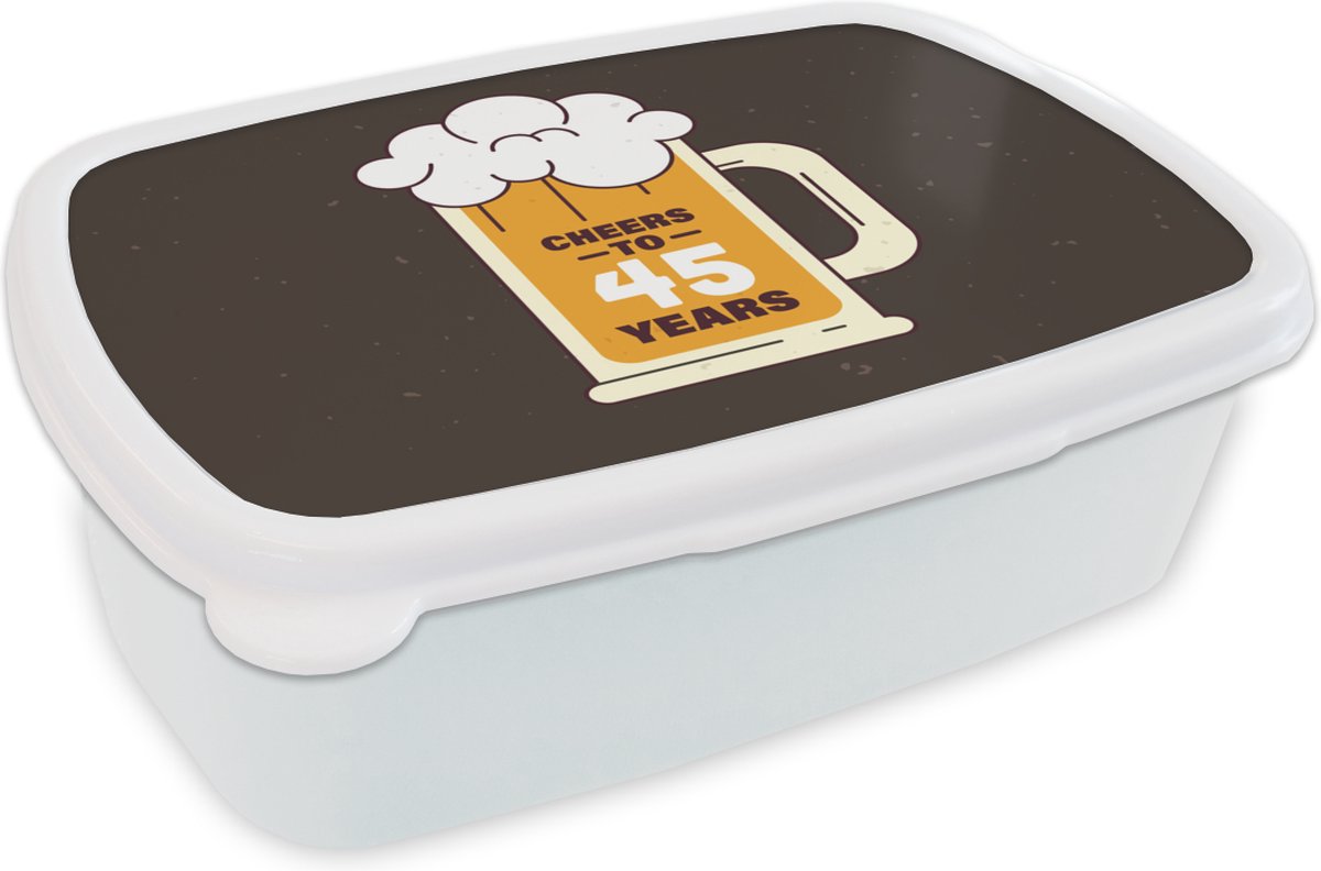 Broodtrommel Wit - Lunchbox - Brooddoos - Feest - 45 Jaar - Jubileum - Bier - 18x12x6 cm - Volwassenen