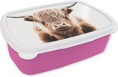 Broodtrommel Roze - Lunchbox - Brooddoos - Schotse hooglander - Koe - Stier - 18x12x6 cm - Kinderen - Meisje