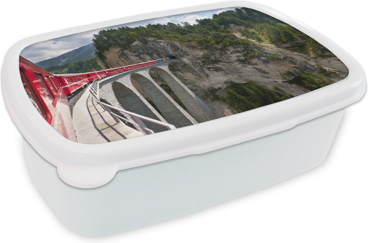 Broodtrommel Wit - Lunchbox - Brooddoos - Trein op een spoorbrug - 18x12x6 cm - Volwassenen