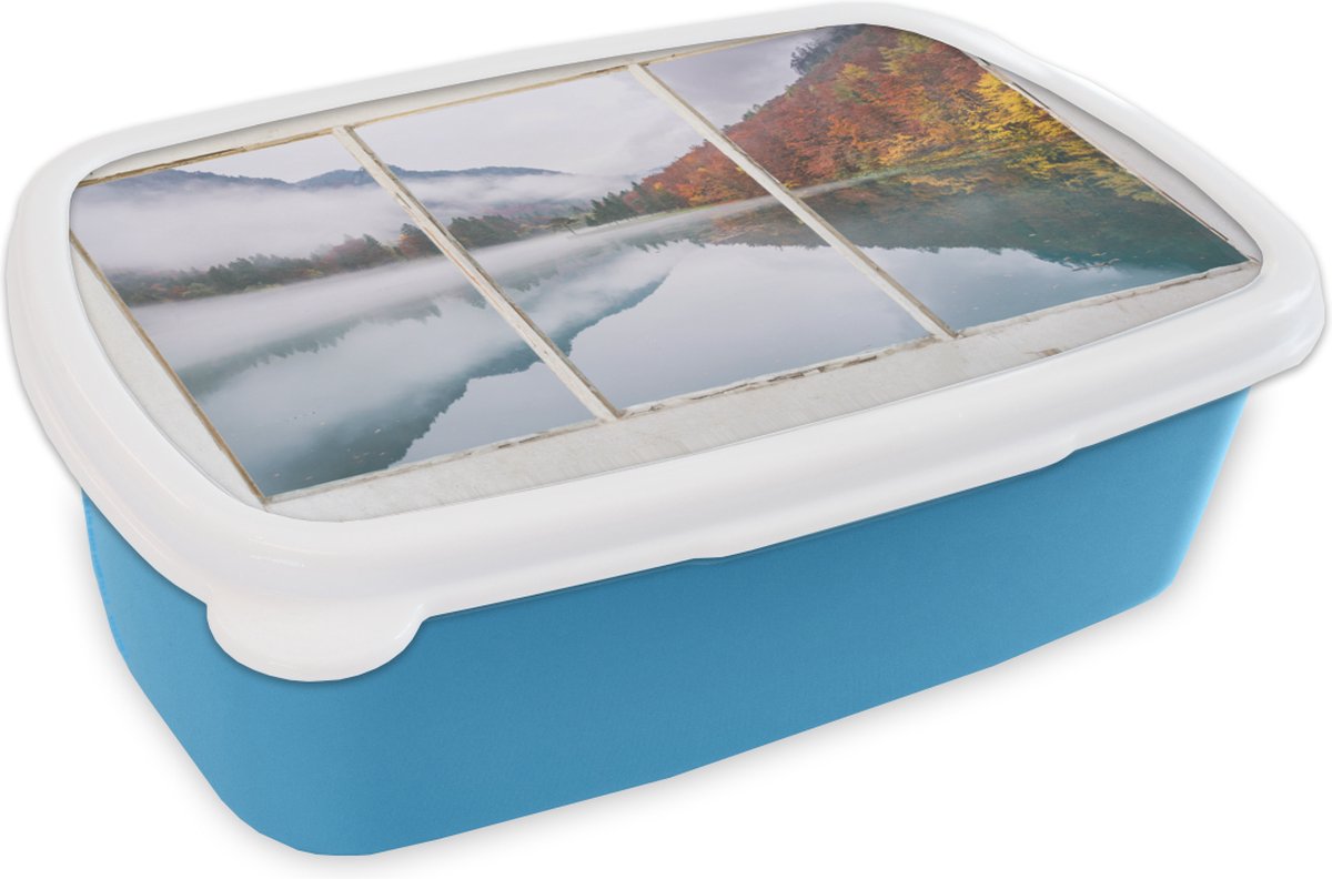 Broodtrommel Blauw - Lunchbox - Brooddoos - Doorkijk - Herfst - Berg - 18x12x6 cm - Kinderen - Jongen