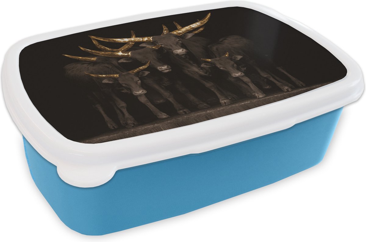 Broodtrommel Blauw - Lunchbox - Brooddoos - Koeien - Horens - Goud - 18x12x6 cm - Kinderen - Jongen