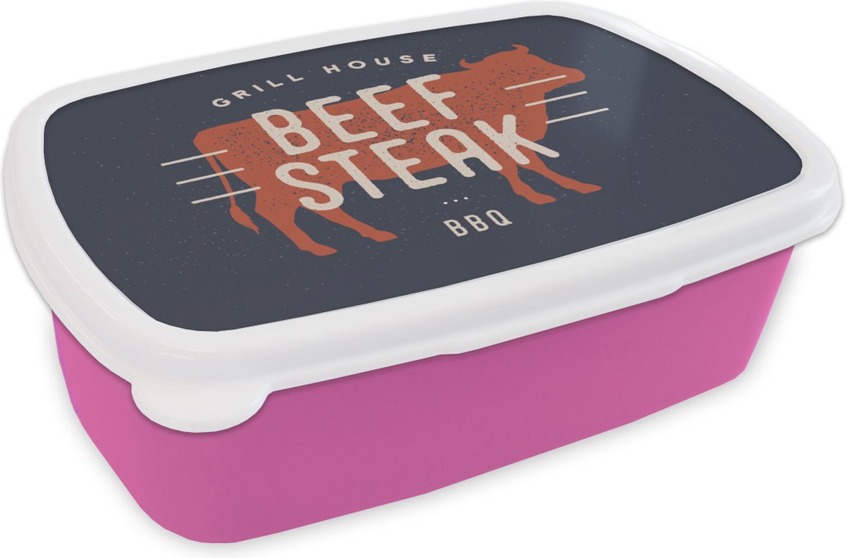 Broodtrommel Roze - Lunchbox - Brooddoos - Mancave - Biefstuk - BBQ - 18x12x6 cm - Kinderen - Meisje