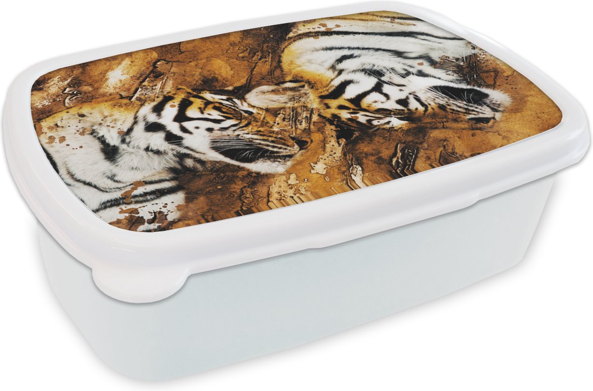 Broodtrommel Wit - Lunchbox - Brooddoos - Tijger - Boom - Natuur - 18x12x6 cm - Volwassenen