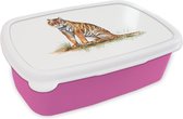 Broodtrommel Roze - Lunchbox - Brooddoos - Tijger - Gras - Oranje - 18x12x6 cm - Kinderen - Meisje
