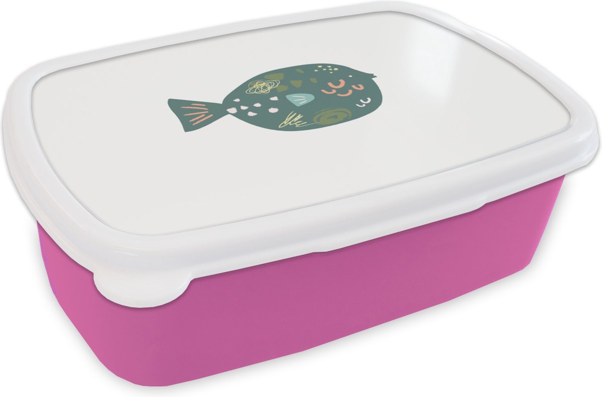 Broodtrommel Roze - Lunchbox - Brooddoos - Vis - Groen - Pastel - 18x12x6 cm - Kinderen - Meisje