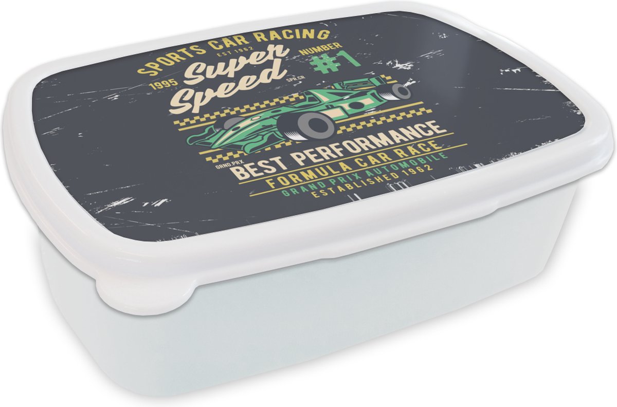 Broodtrommel Wit - Lunchbox - Brooddoos - Auto - Racebaan - Vintage - 18x12x6 cm - Volwassenen