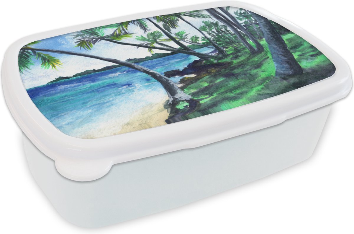 Broodtrommel Wit - Lunchbox - Brooddoos - Waterverf - Strand - Palmboom - 18x12x6 cm - Volwassenen