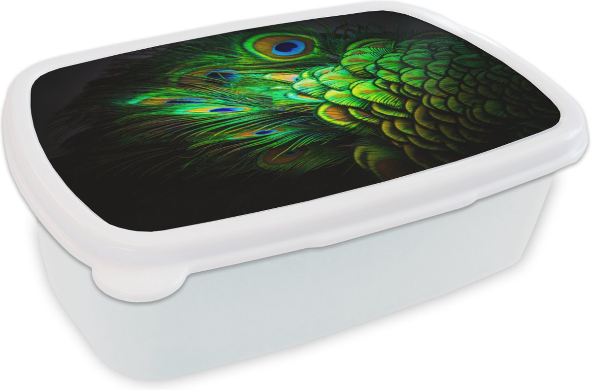 Broodtrommel Wit - Lunchbox - Brooddoos - Patronen - Pauw - Pluimen - 18x12x6 cm - Volwassenen