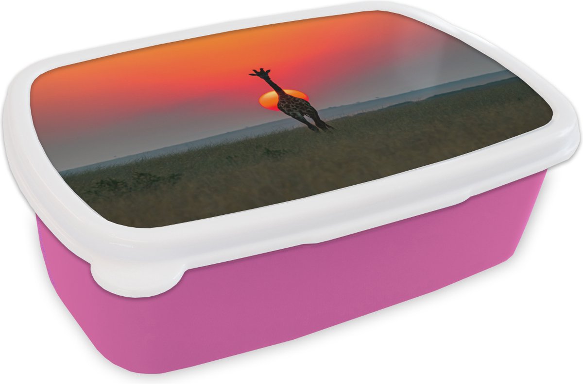 Broodtrommel Roze - Lunchbox - Brooddoos - Giraffe - Zon - Lucht - 18x12x6 cm - Kinderen - Meisje