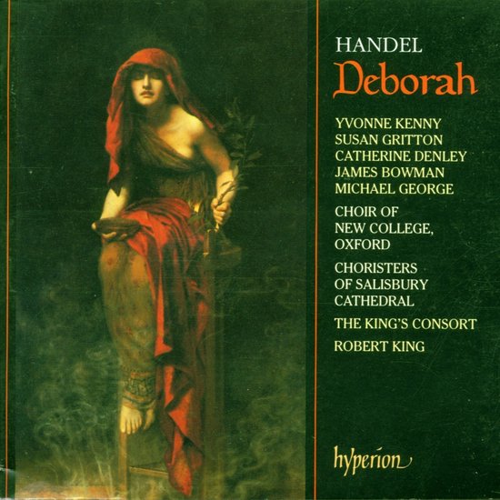Een klassieke schilderij van een vrouw in rode gewaad met een hood, HANDEL Deborah.