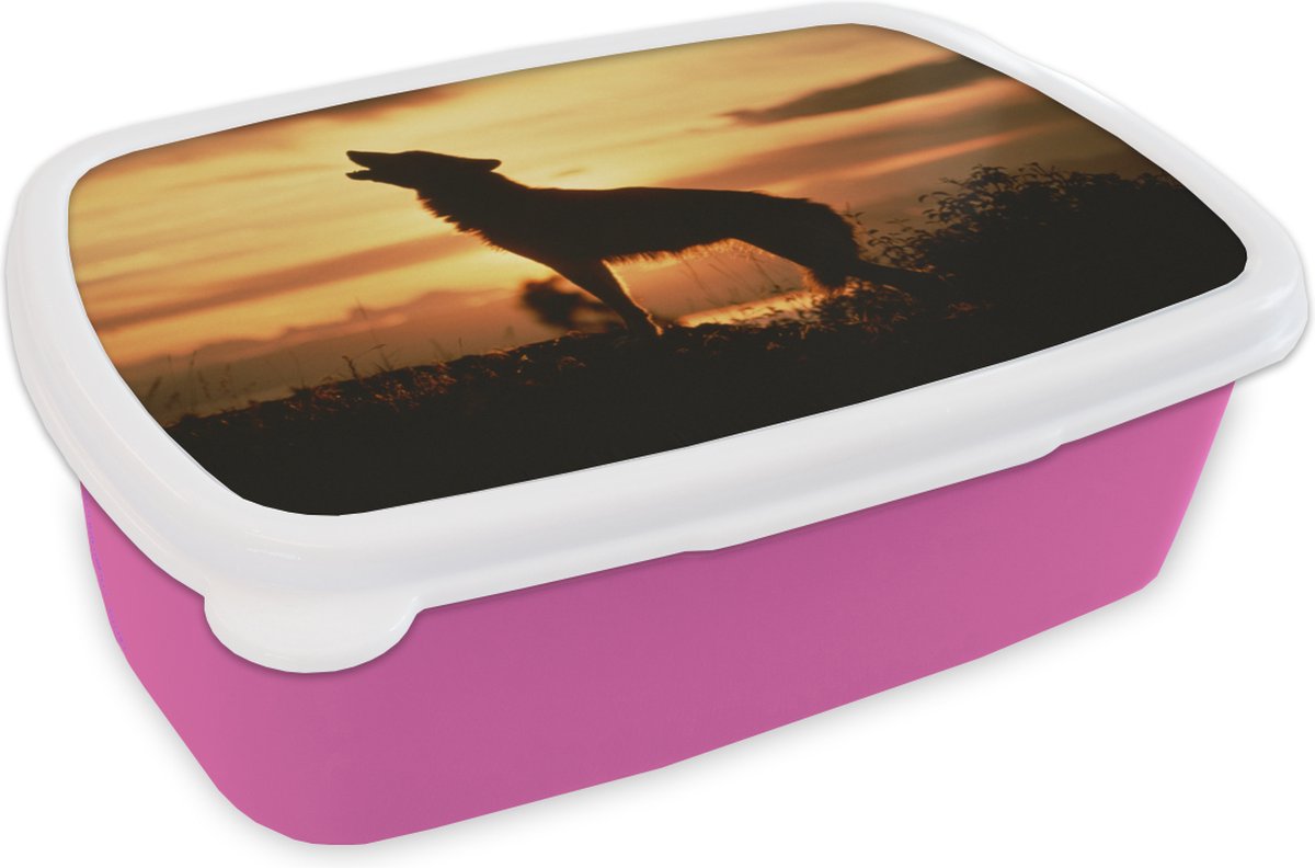 Broodtrommel Roze - Lunchbox - Brooddoos - Wolf - Silhouet - Roofdier - 18x12x6 cm - Kinderen - Meisje