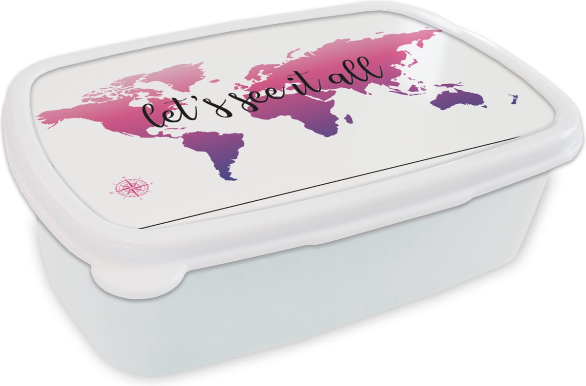 Broodtrommel Wit - Lunchbox - Brooddoos - Wereldkaart - Roze - Kompas - 18x12x6 cm - Volwassenen