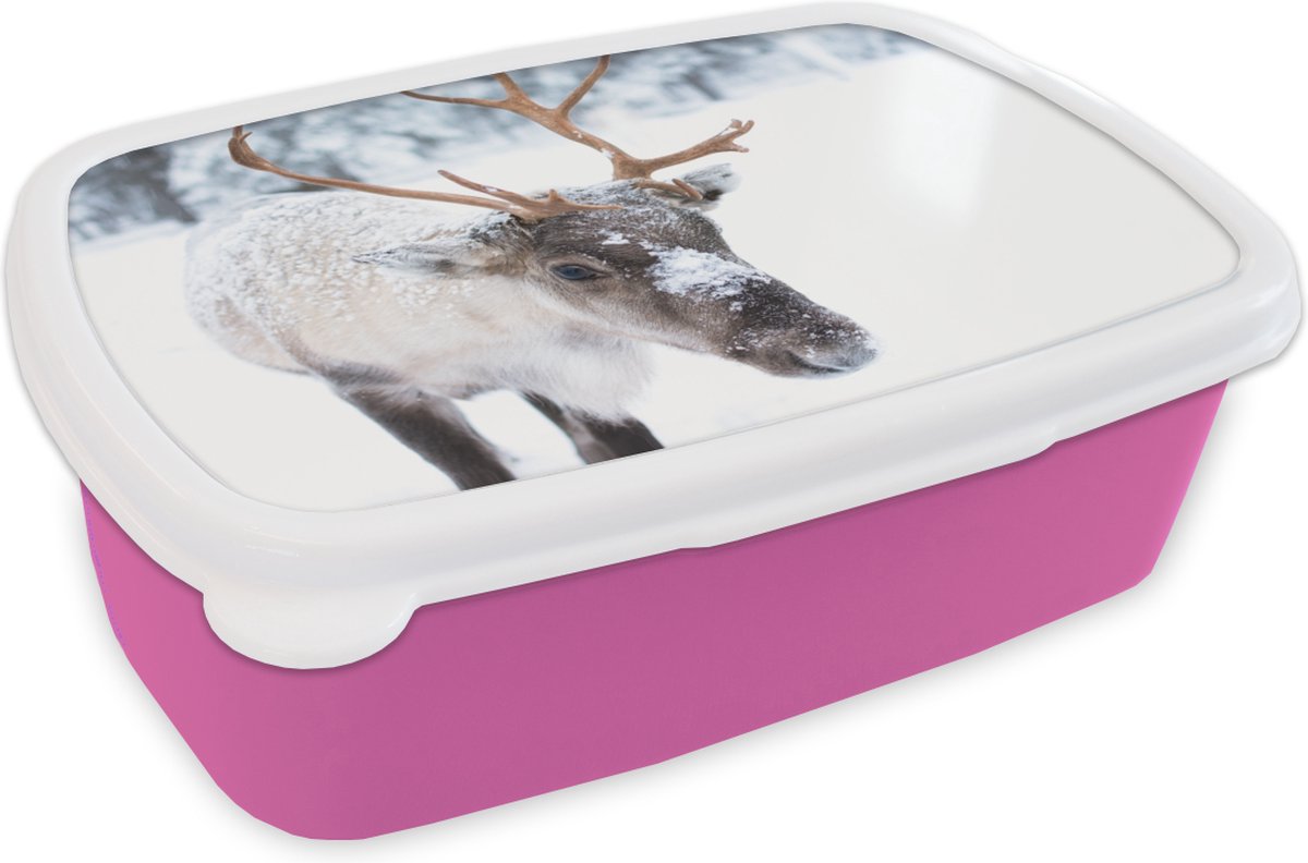 Broodtrommel Roze - Lunchbox - Brooddoos - Hert - Rendier - Sneeuw - 18x12x6 cm - Kinderen - Meisje