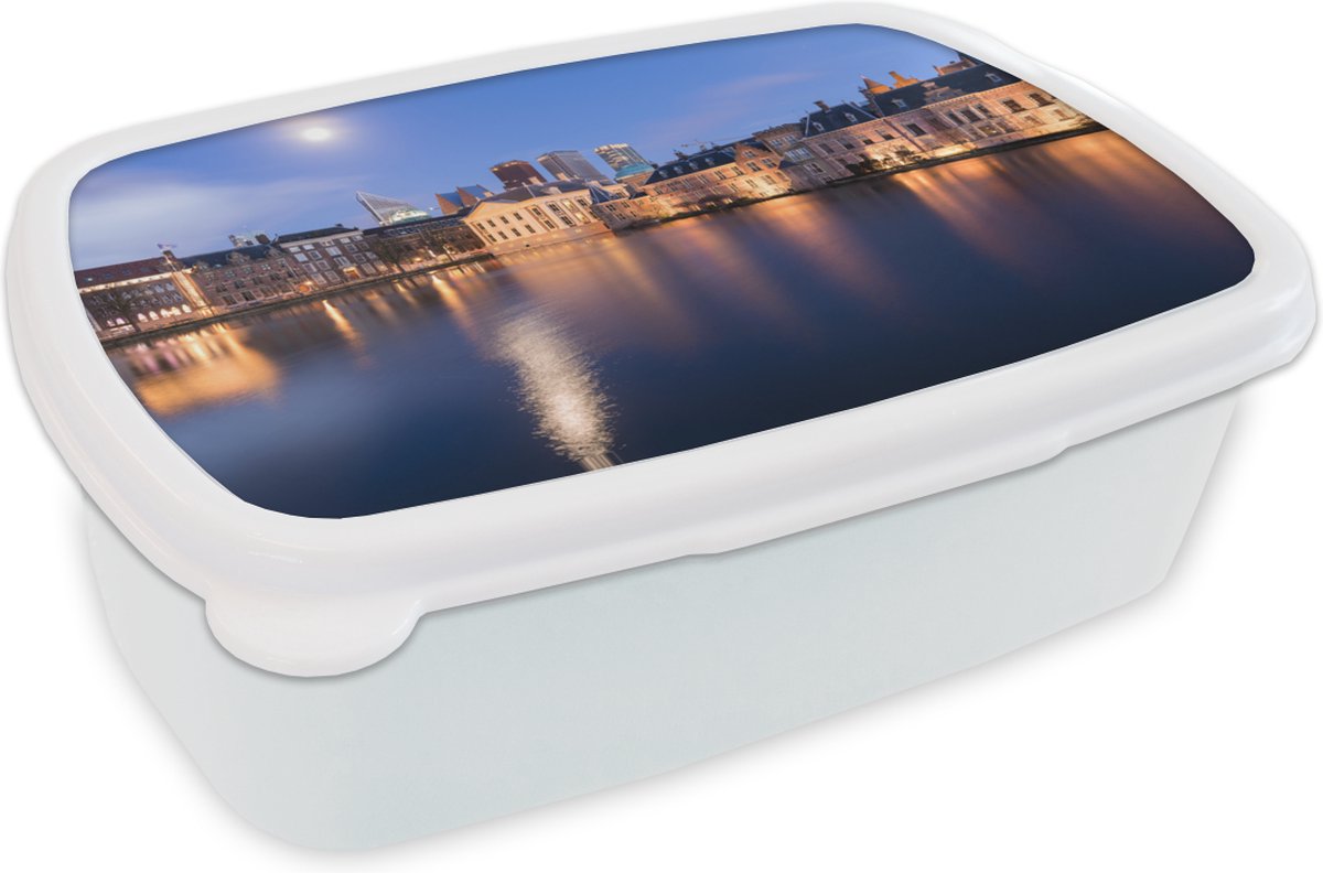 Broodtrommel Wit - Lunchbox - Brooddoos - Den Haag - Water - Skyline - 18x12x6 cm - Volwassenen