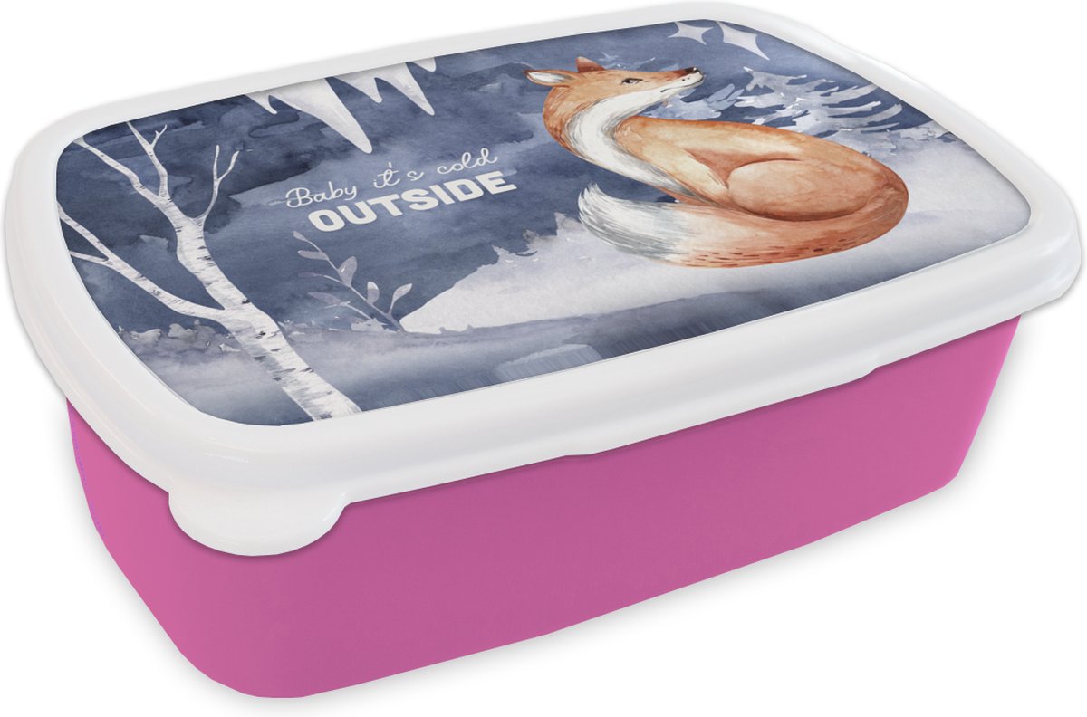 Broodtrommel Roze - Lunchbox - Brooddoos - Quote - Winter - Vos - 18x12x6 cm - Kinderen - Meisje