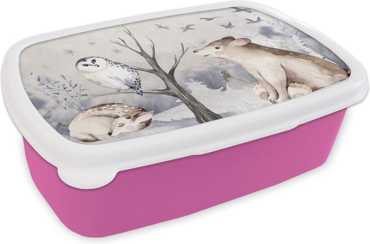 Broodtrommel Roze - Lunchbox - Brooddoos - Winter - Hert - Uil - Beer - 18x12x6 cm - Kinderen - Meisje