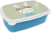 Broodtrommel Blauw - Lunchbox - Brooddoos - Konijn - Zomer - Bloemen - 18x12x6 cm - Kinderen - Jongen